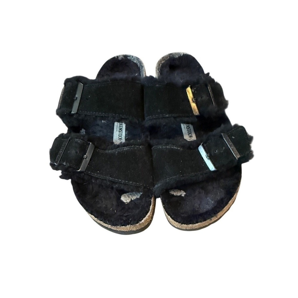 Birkenstock Black Suede Shearling Arizona Slide Sandals 38 Cozy Granola